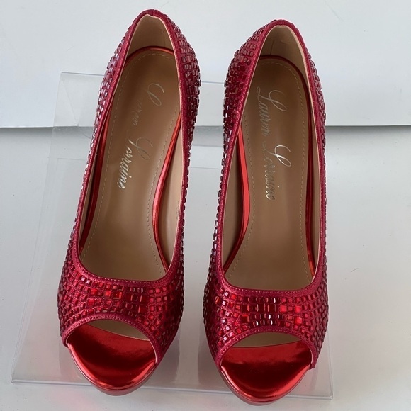 NEW! $100 Lauren Lorraine Red Heels Rhinestone Formal Dress Heels Sexy Sz 8.5M - Picture 8 of 14